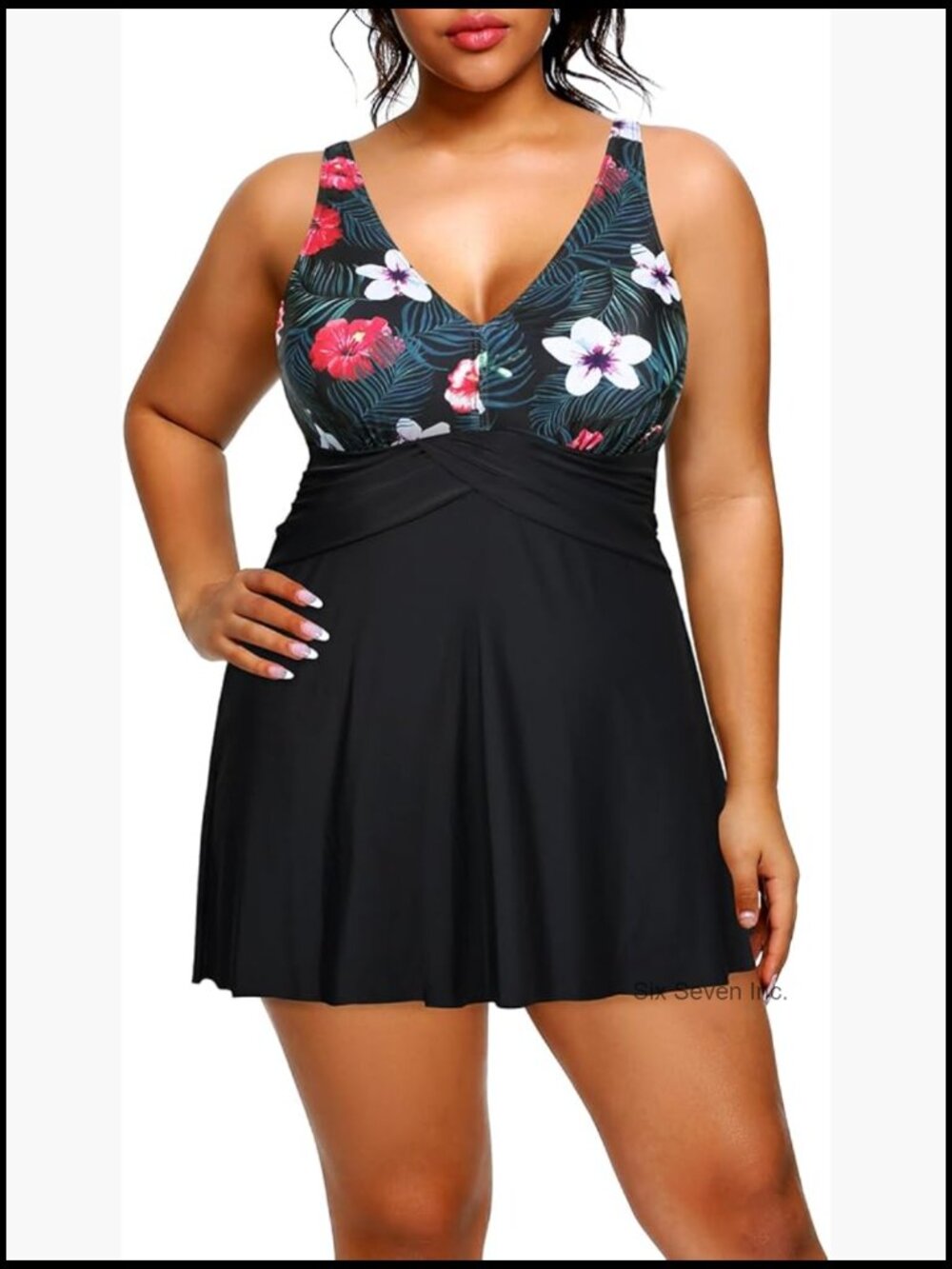 Plus Size One Piece Swim Dress with Skirt Tummy Control V Neck